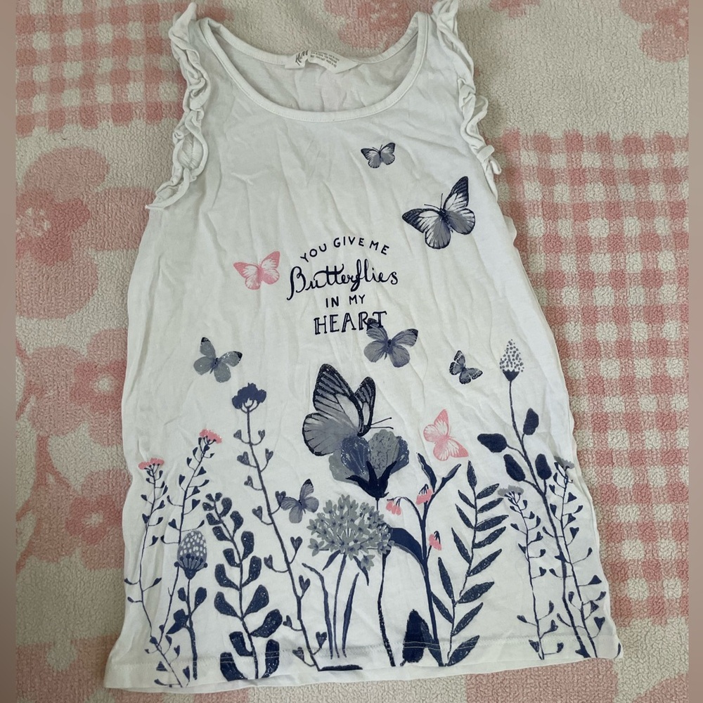 H&M White and Blue Butterfly Ruffle Graphic Tank Top Girls Size 8-10